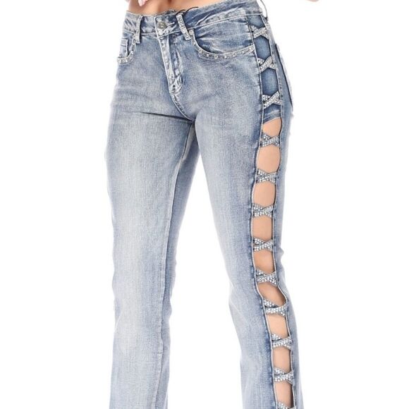 Platinum Plush Cross Me If You Dare Rhinestone Jeans - Picture 1 of 8